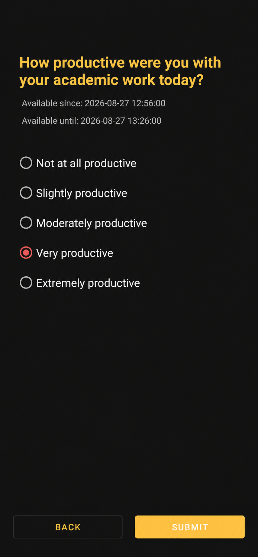PulsePath app showing a daily academic productivity question