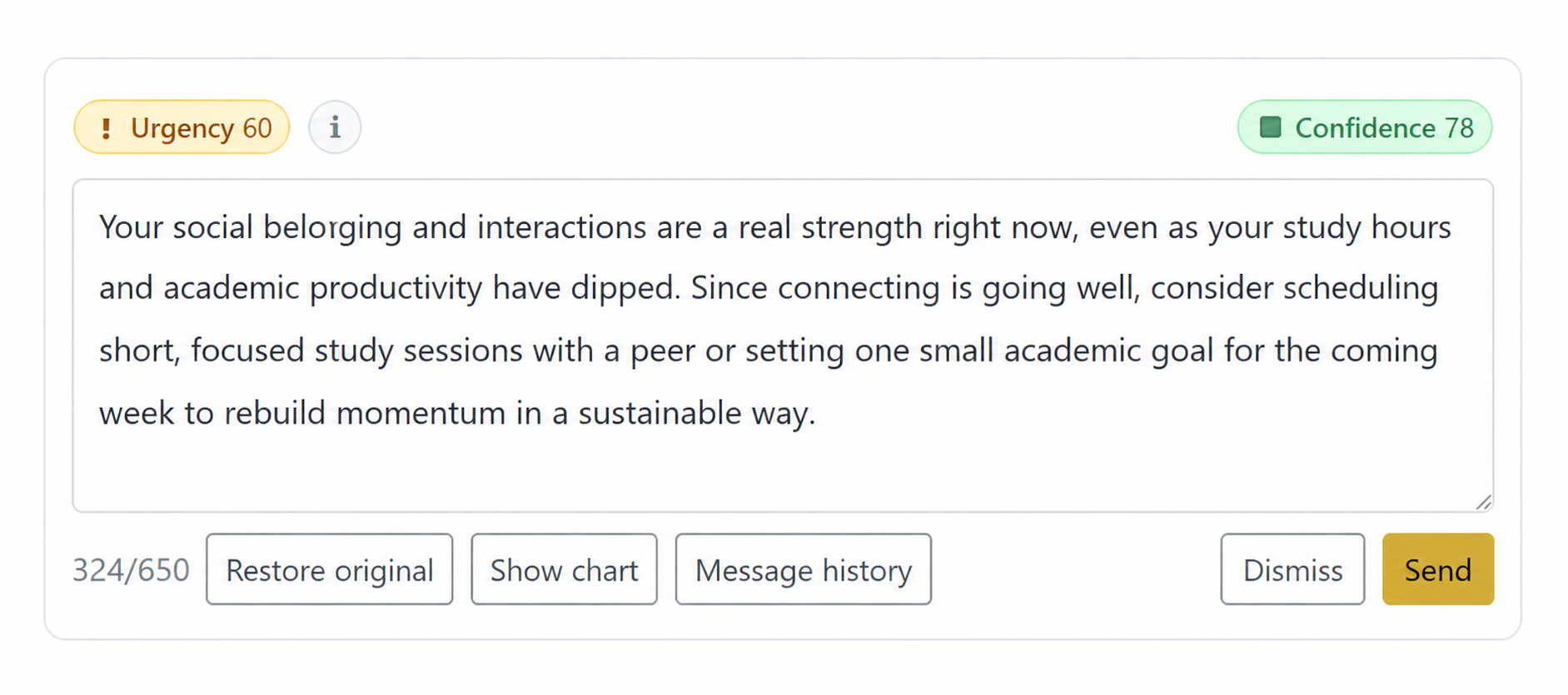 PulsePath dashboard controls for reviewing, editing, dismissing, or sending a suggested message